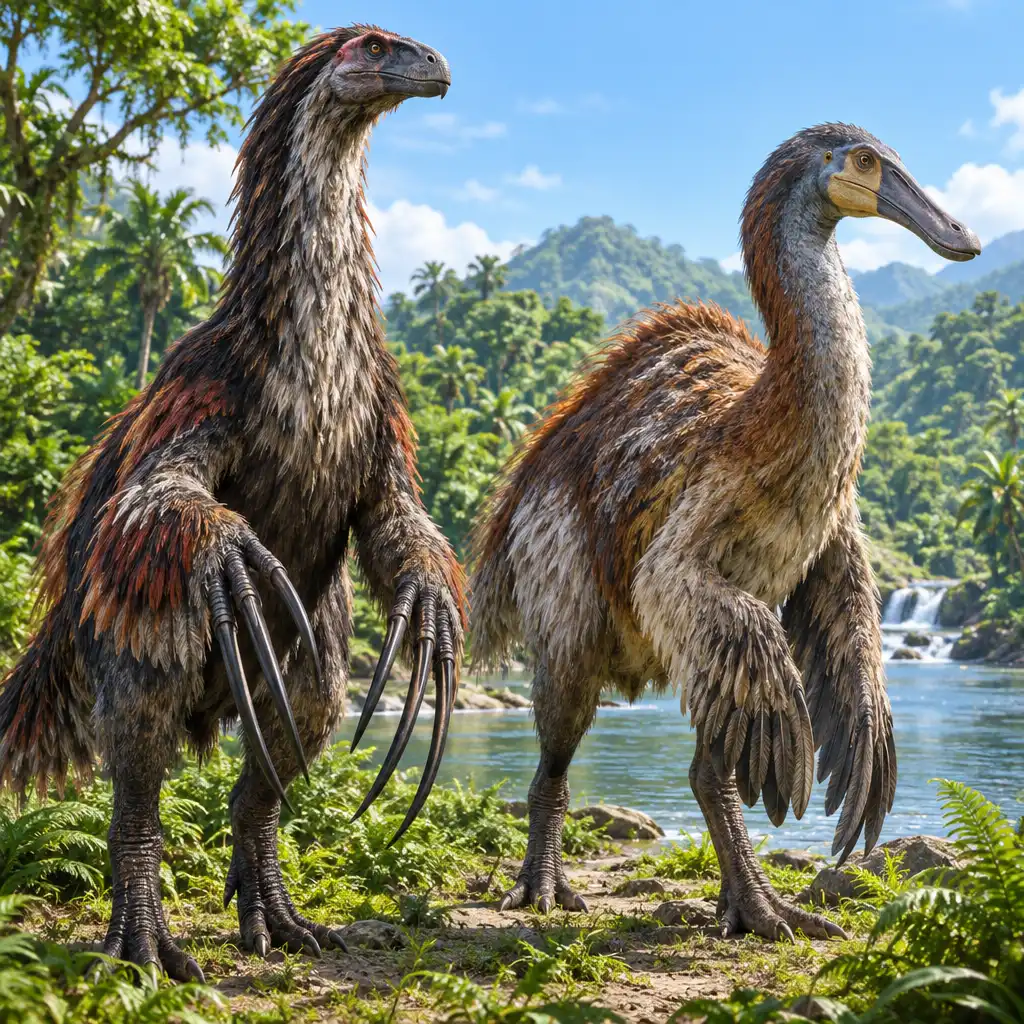 Therizinosaurus i Deinocheirus stojące obok siebie w parku jurajskim