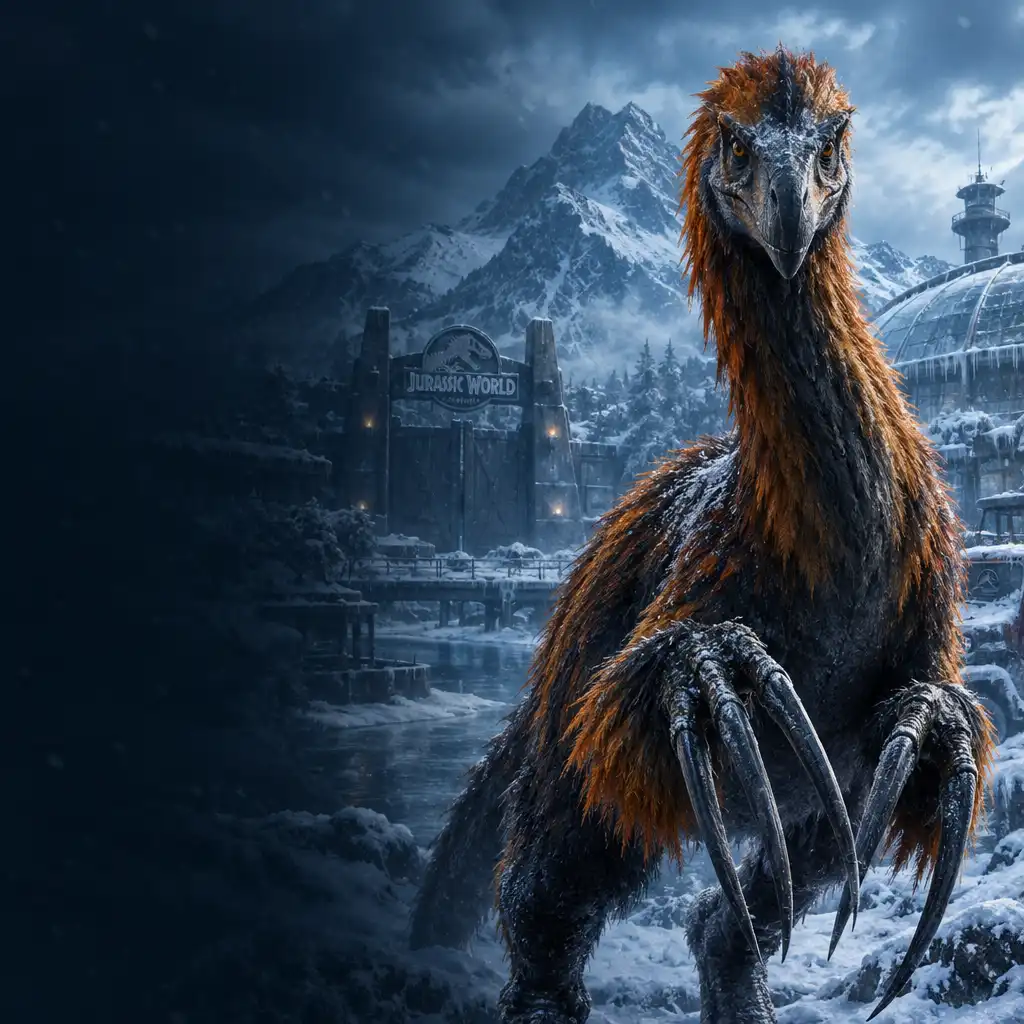 Therizinosaurus w zaśnieżonym krajobrazie podczas Lodowej ekspedycji w Jurassic World: The Game