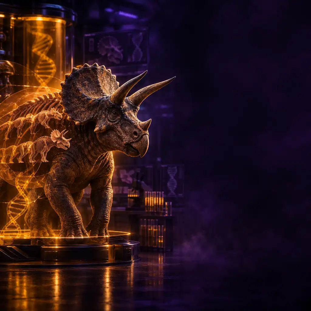 Dinozaur w trakcie ewolucji otoczony subtelną poświatą