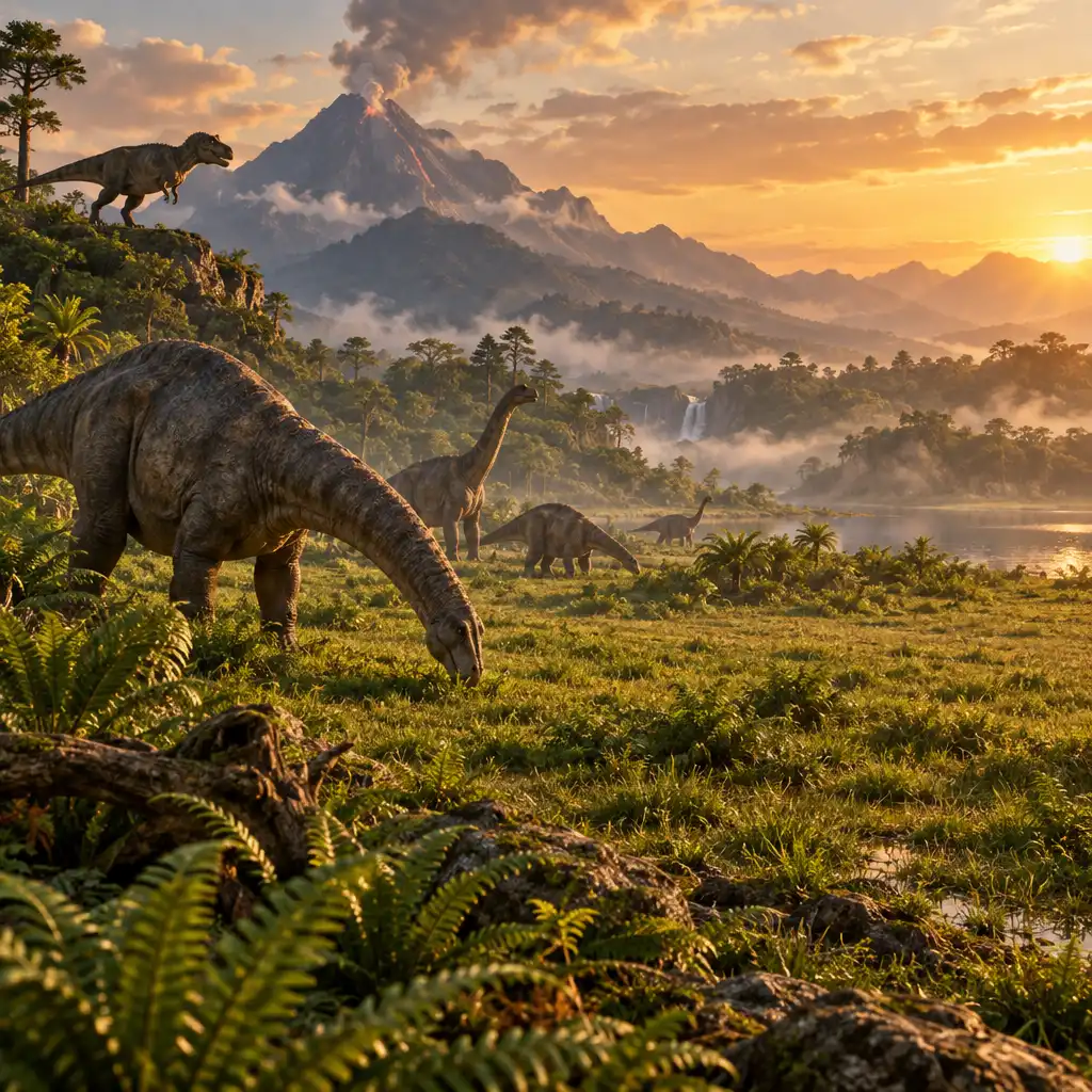 Różnorodne dinozaury pasące się i obserwujące okolicę w prehistorycznym parku