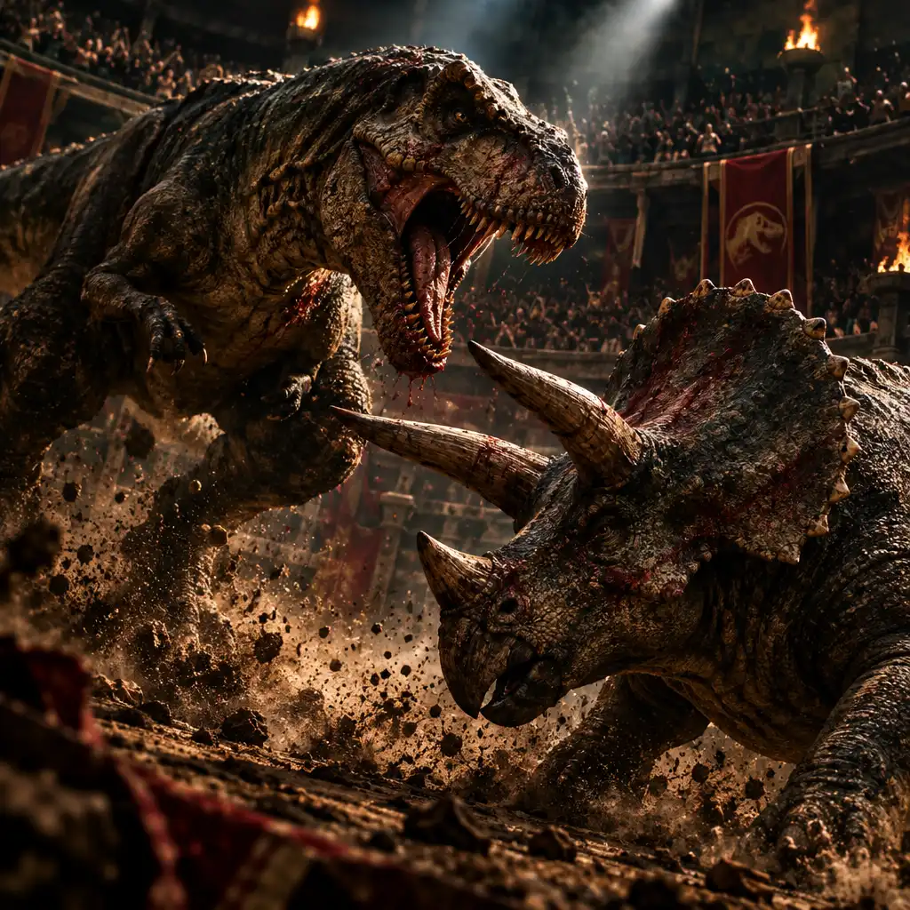 Dynamiczna scena walki tyranozaura z triceratopsem na arenie otoczonej widownią