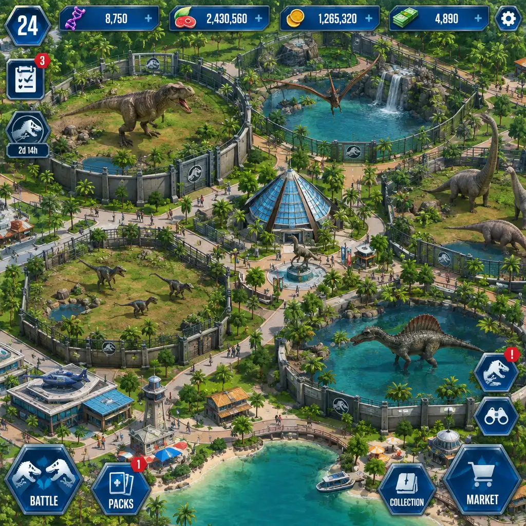 Interfejs mobilnej gry Jurassic World: The Game z widokiem na park dinozaurów