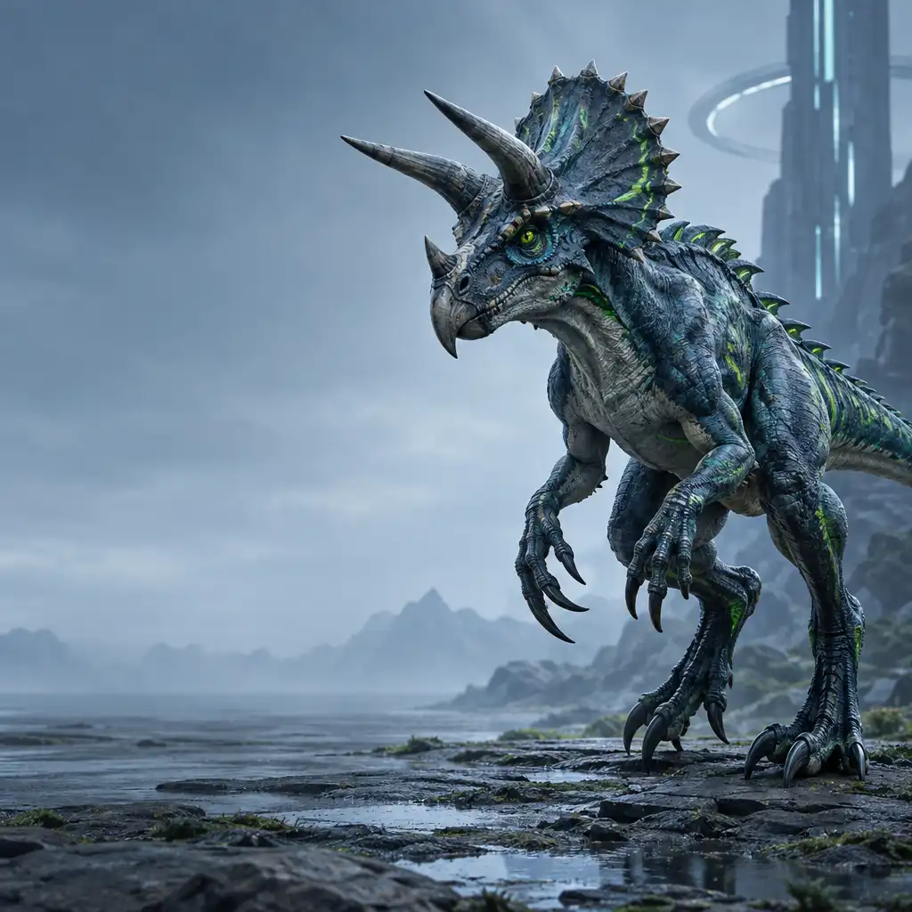 Wyimaginowana hybryda dinozaura w neutralnym otoczeniu