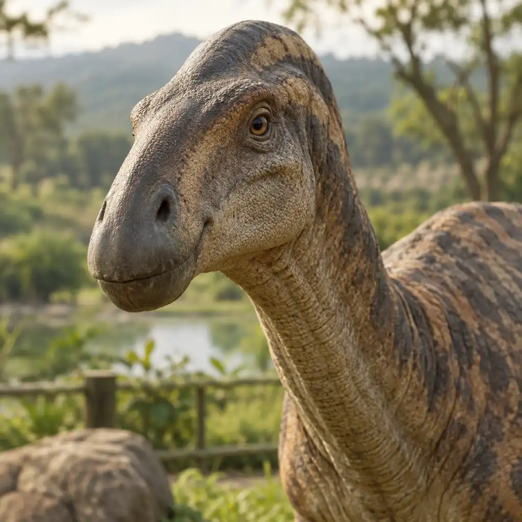 Przyjazny dinozaur roślinożerny w scenerii parku Jurassic World