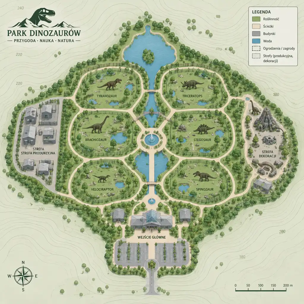 Schematyczny plan parku dinozaurów z zaznaczonymi strefami produkcyjną, zagrodami, dekoracjami i ścieżkami