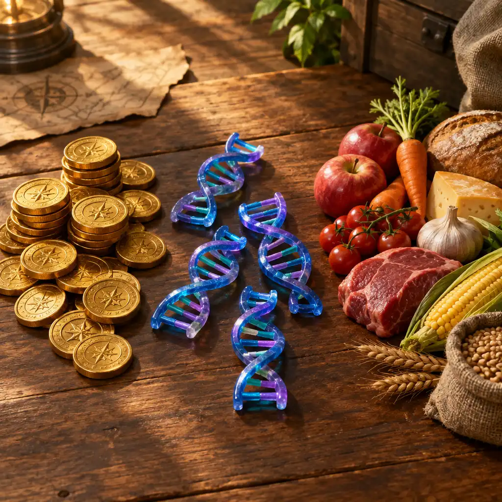 Zasoby gry Jurassic World: The Game: monety, nici DNA i pożywienie ułożone na drewnianym stole