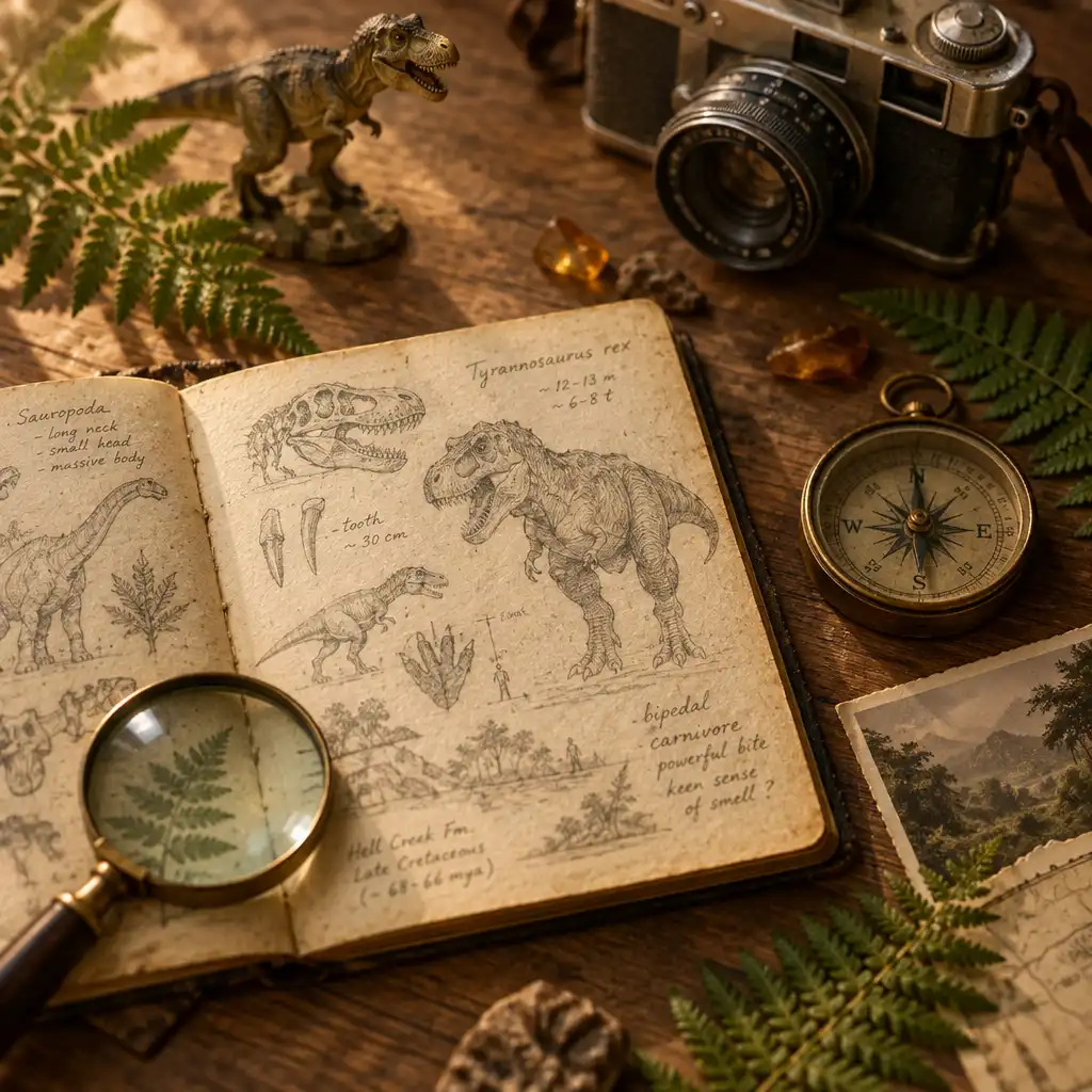 Notatnik z odręcznymi szkicami dinozaurów, lupa, kompas i figurka tyranozaura na drewnianym stole