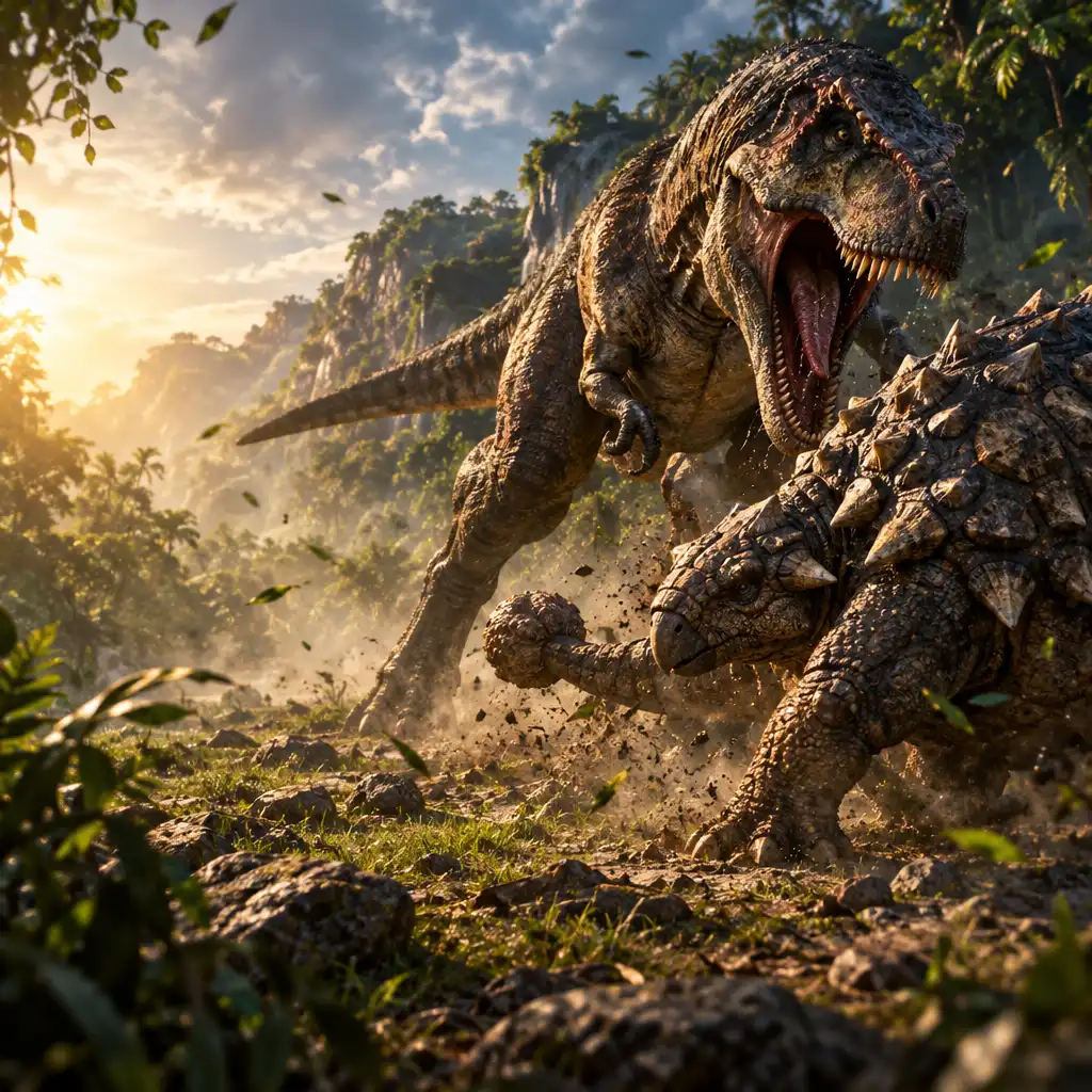 Dynamiczne starcie dwóch dinozaurów na skalistej polanie w dżungli