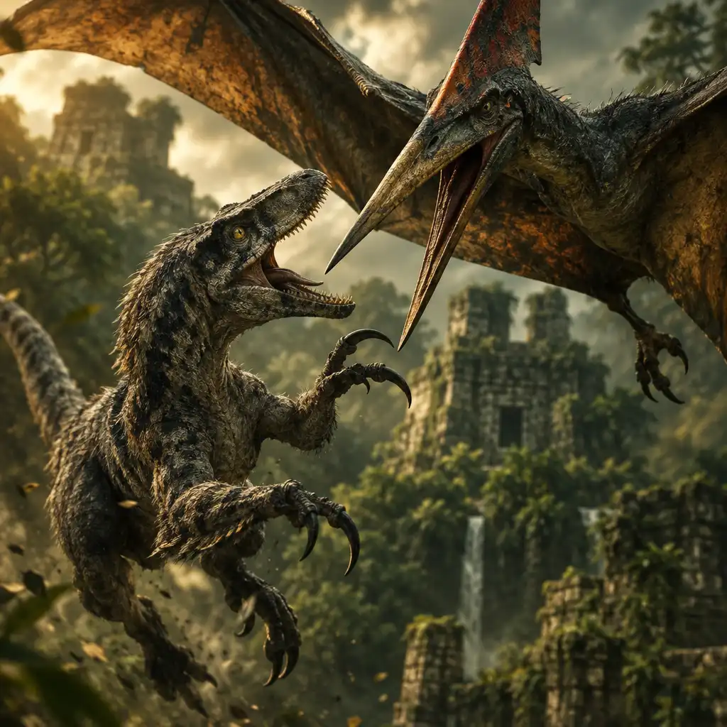 Velociraptor i Pteranodon podczas dynamicznej walki