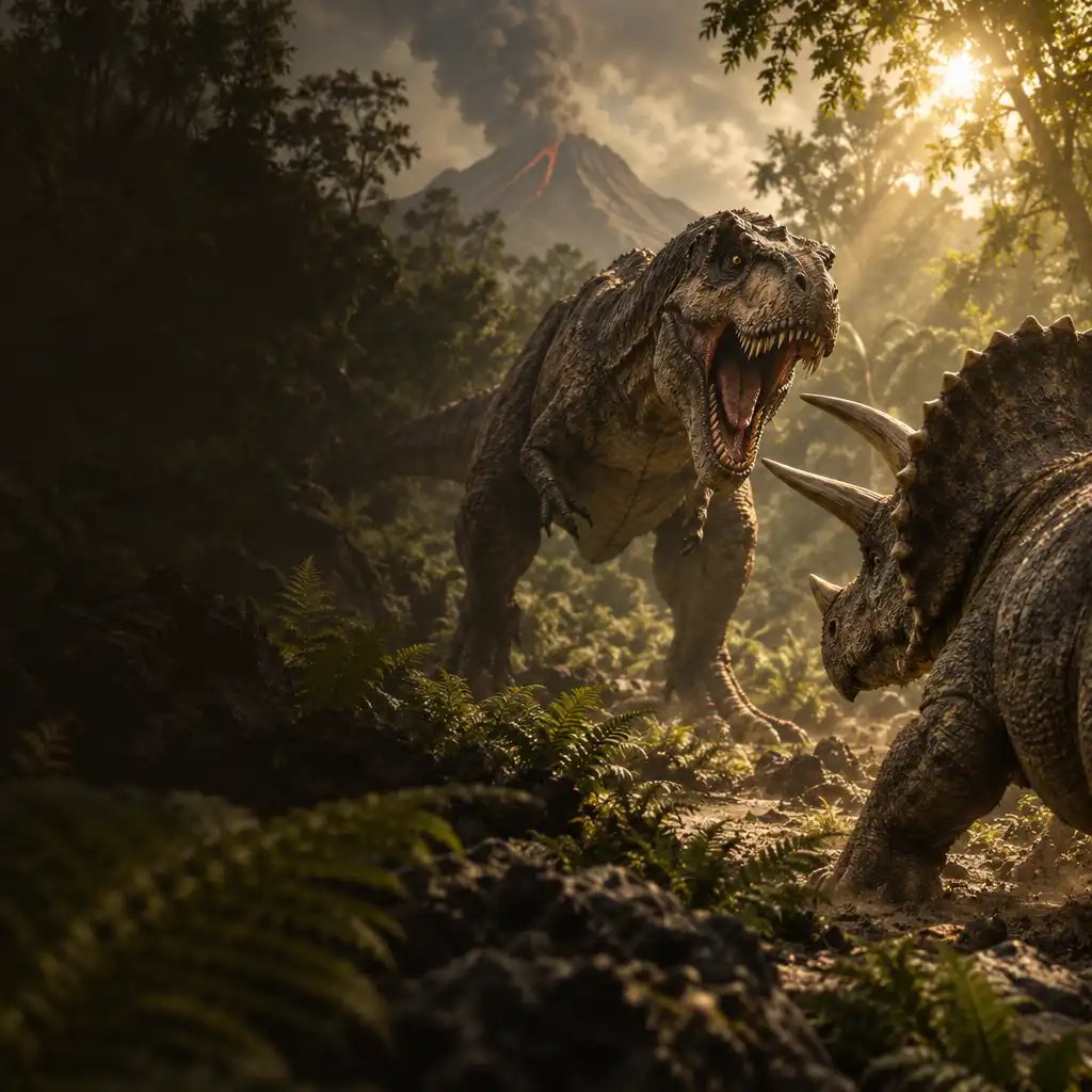 Dramatyczna scena walki dwóch dinozaurów w prehistorycznej dżungli