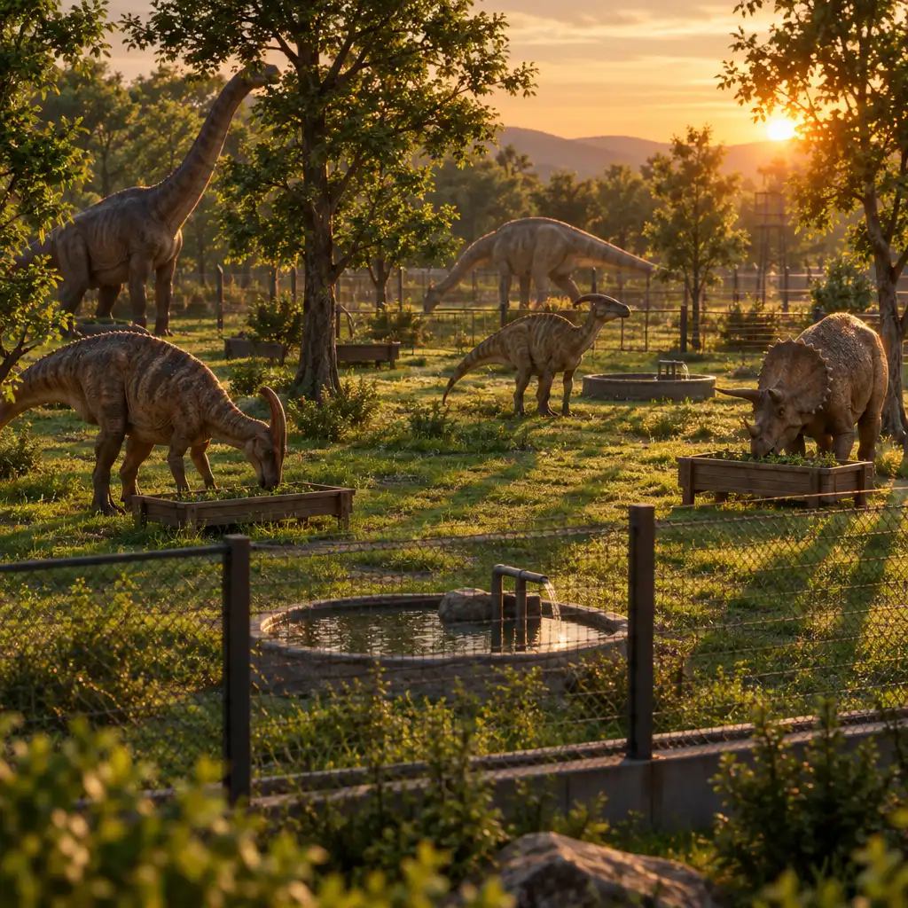 Zagroda dla dinozaurów roślinożernych z ogrodzeniem, poidłami i karmnikami